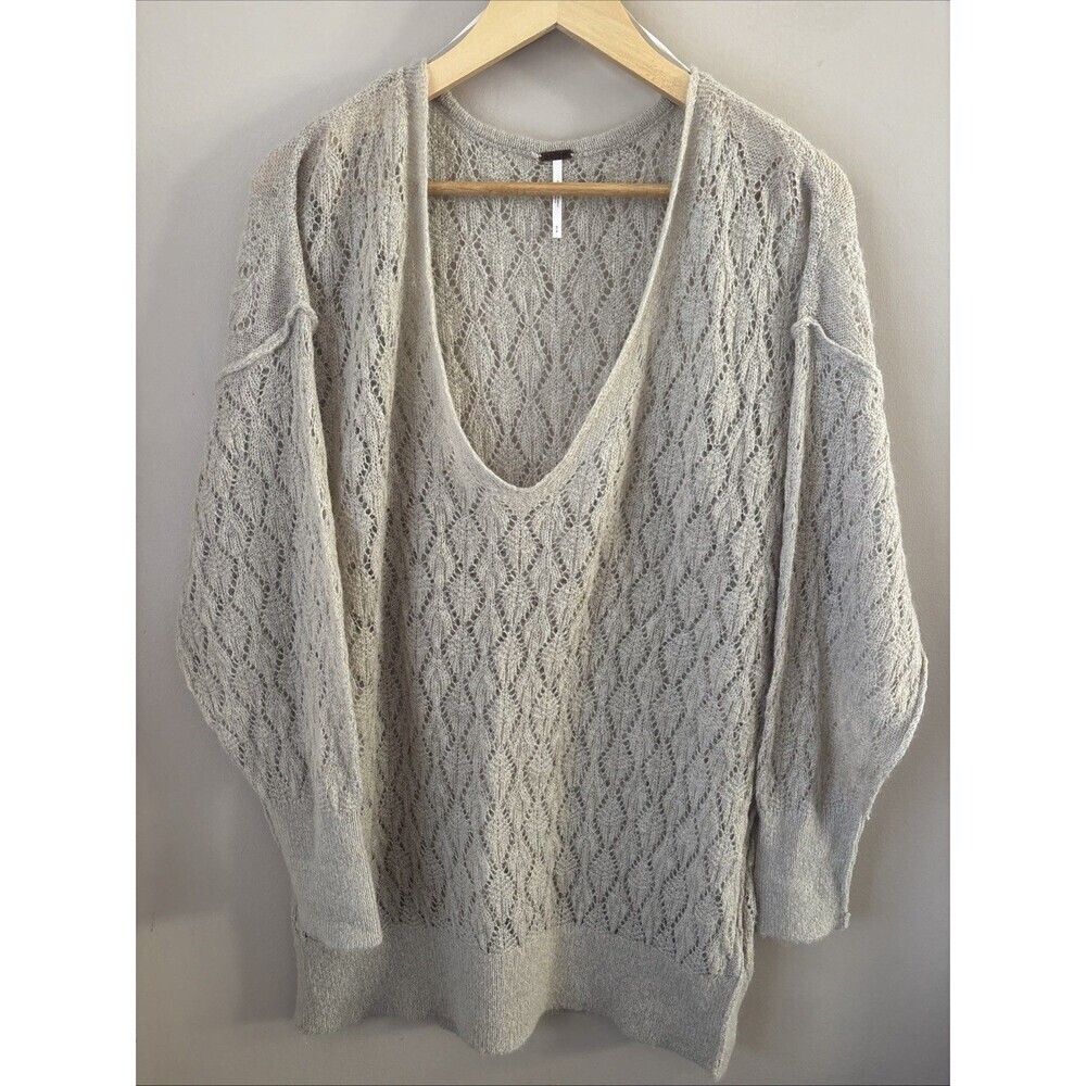 FREE PEOPLE Say Hello Oversized Sweater Small Taupe V-Neck Tunic Knit Wool Blend